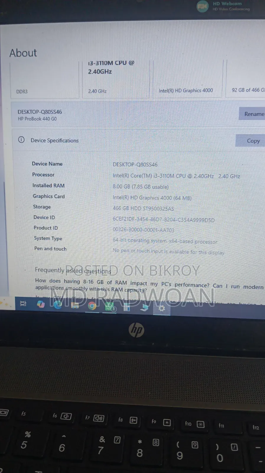 Laptop HP ProBook 440 8GB Intel Core i3 HDD 500GB