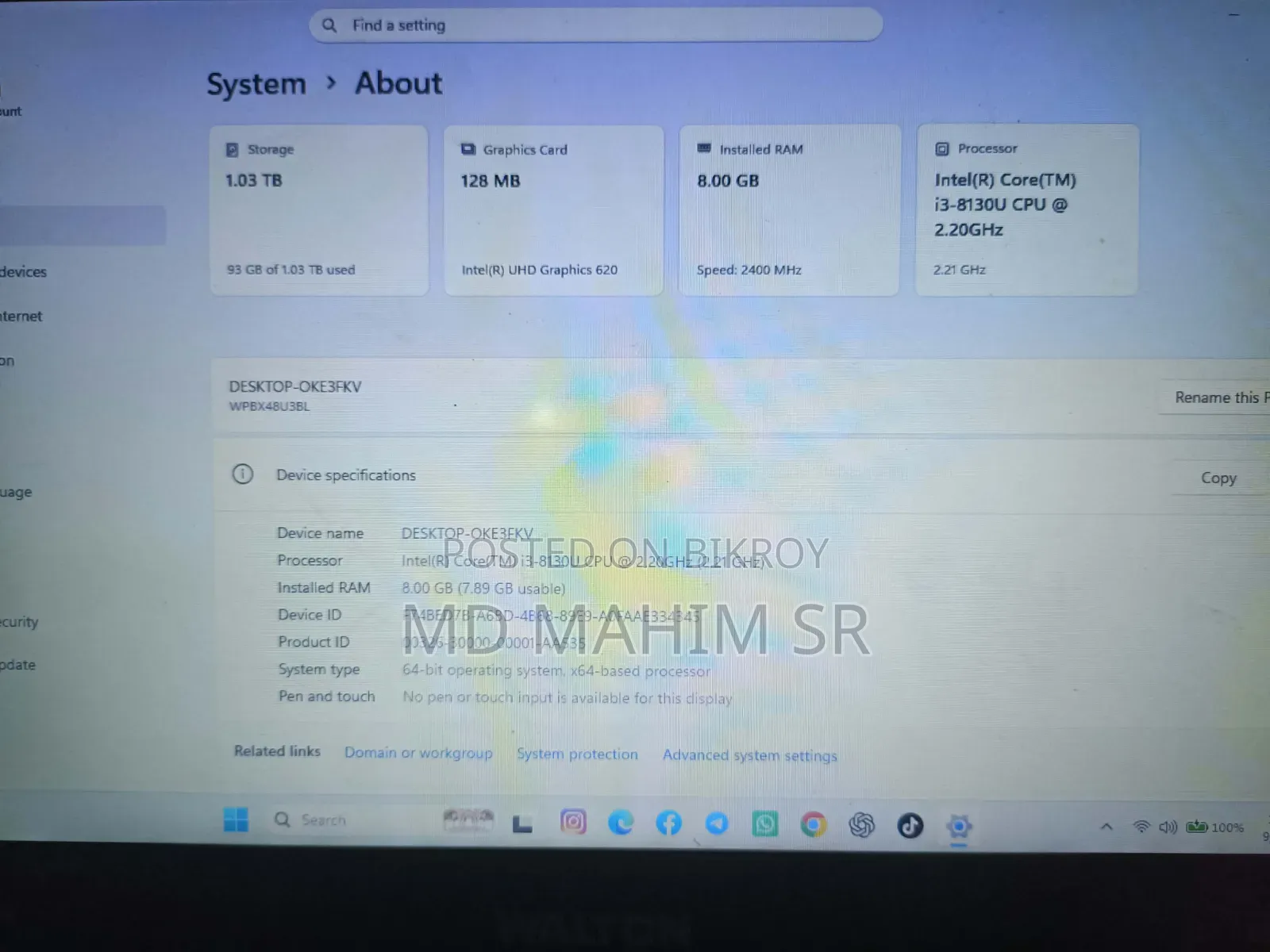 ল্যাপটপ ৮জিবি ইন্টেল কোর আই৩ এইচবিবি+এসএসডি ১টি