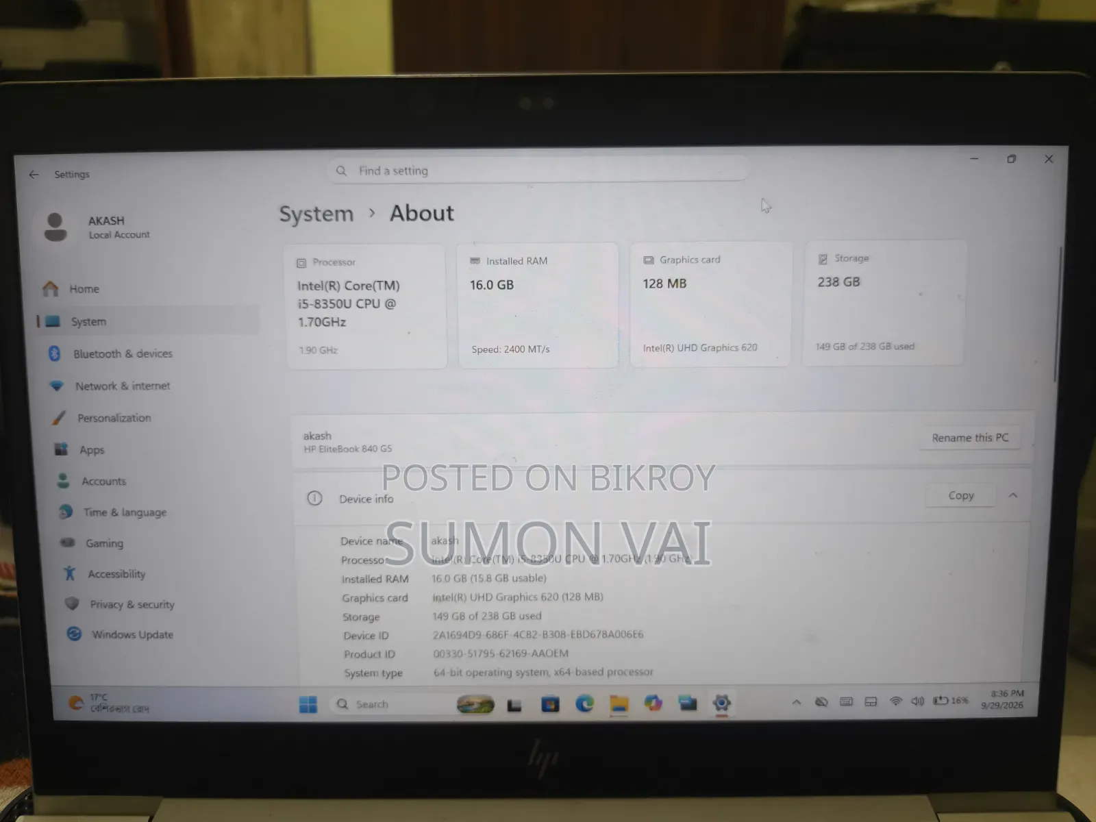 Laptop HP EliteBook 840 G5 16GB Intel Core i5 HDD 256GB