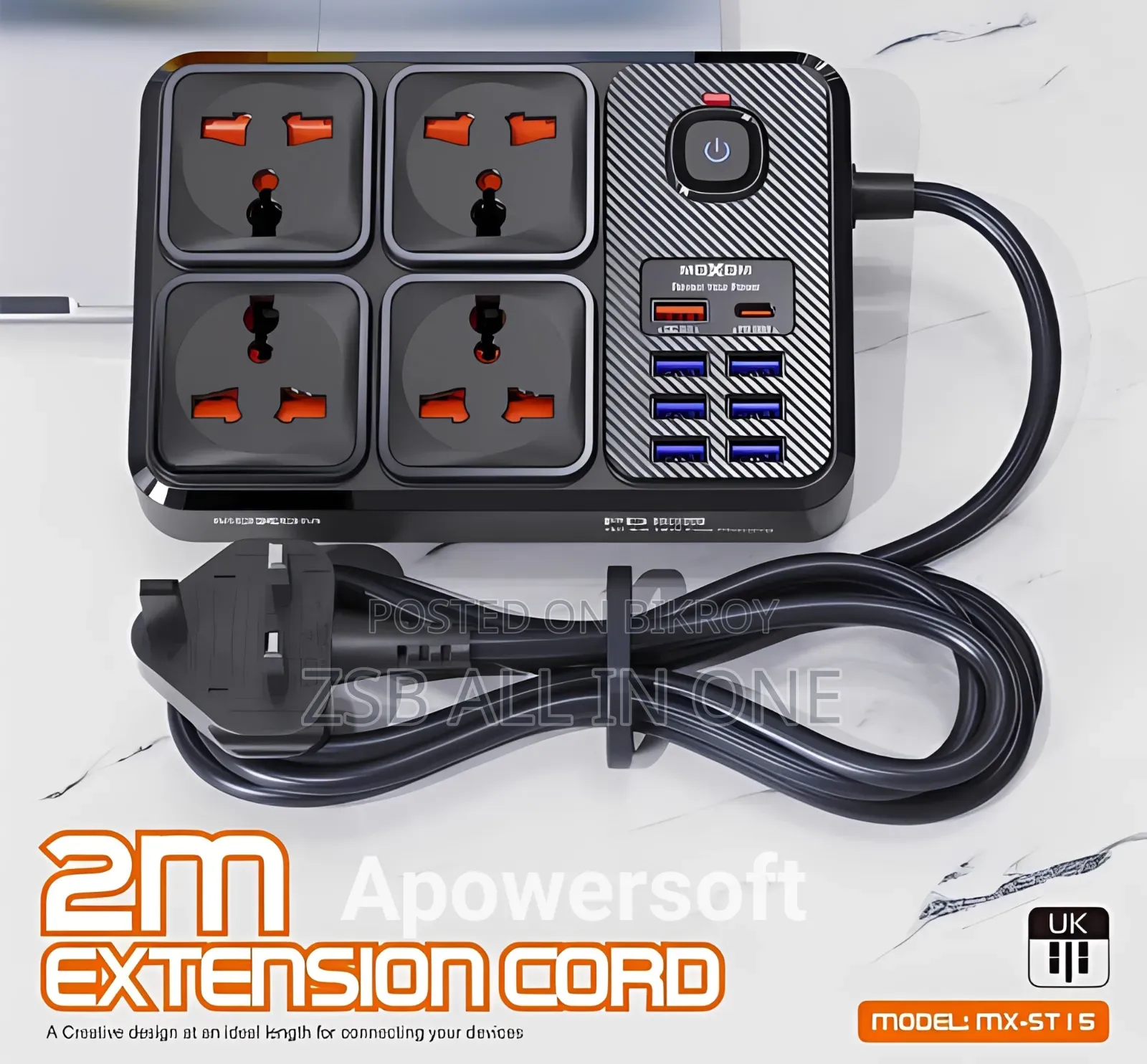 MOXOM MX-ST17 Power Strip 4 Socket 7 USB + 1Type-C 20W 2m Black