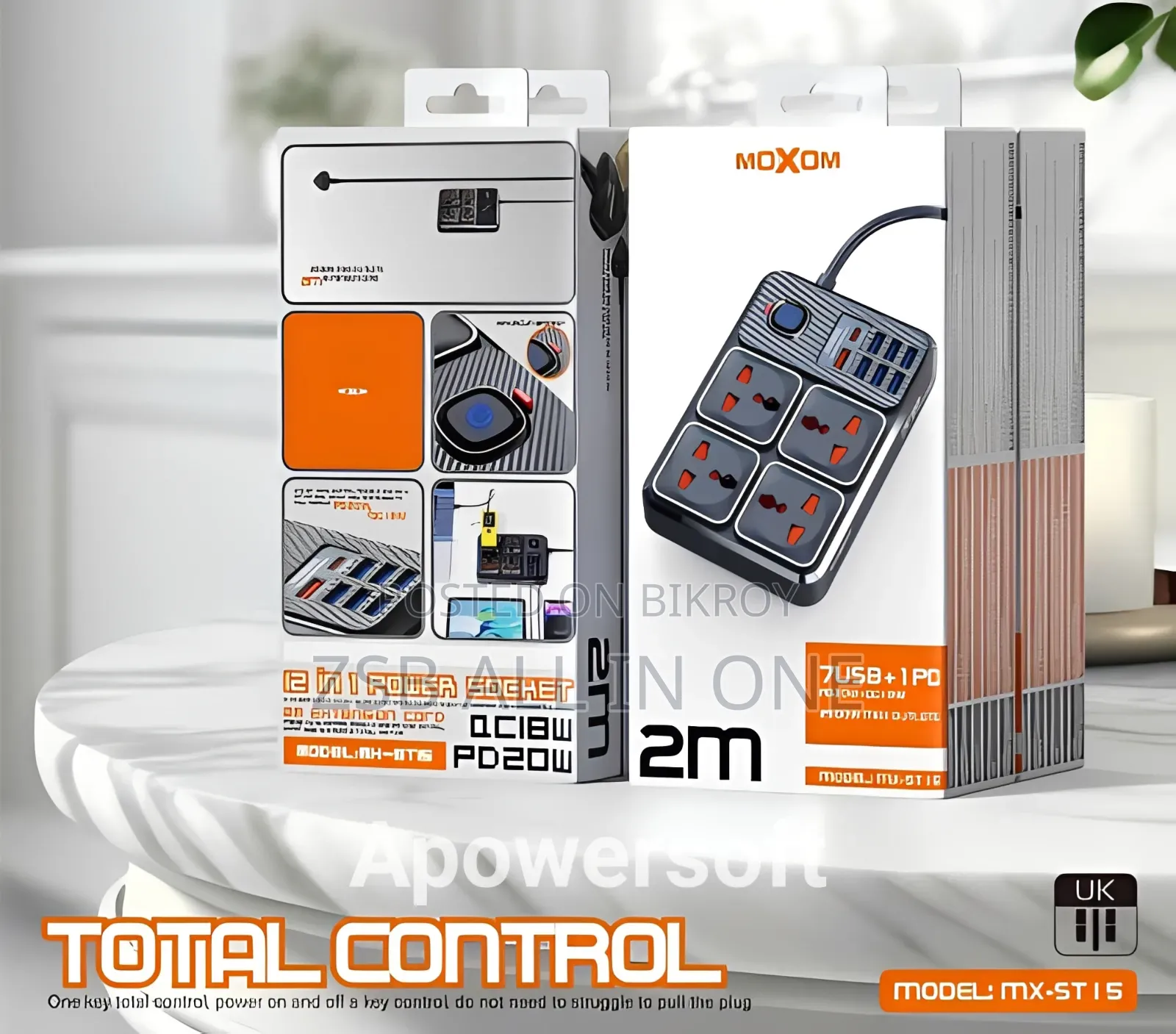 MOXOM MX-ST17 Power Strip 4 Socket 7 USB + 1Type-C 20W 2m Black
