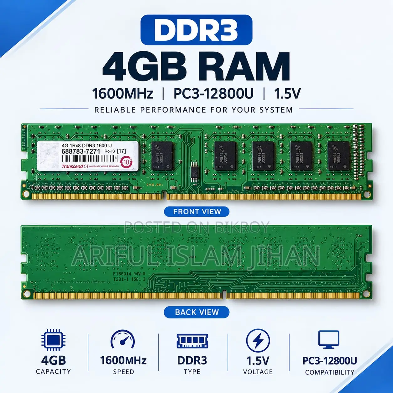 Samsung 4GB DDR3 RAM 1600MHz। Genuine Desktop Memory। PC3-12800U