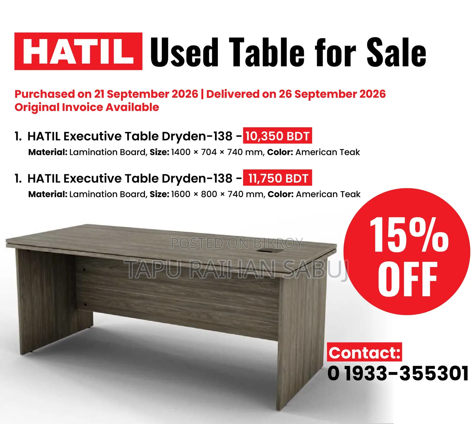 HATIL Dryden-138 Executive Table | 3 Days Used | 15% OFF