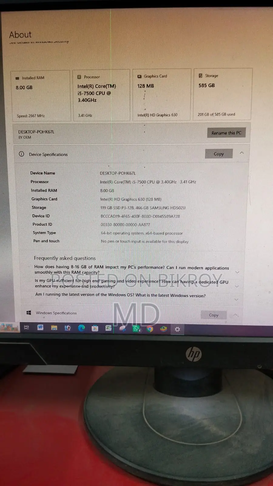 Desktop Computer 8GB Intel Core i7 SSD 500GB