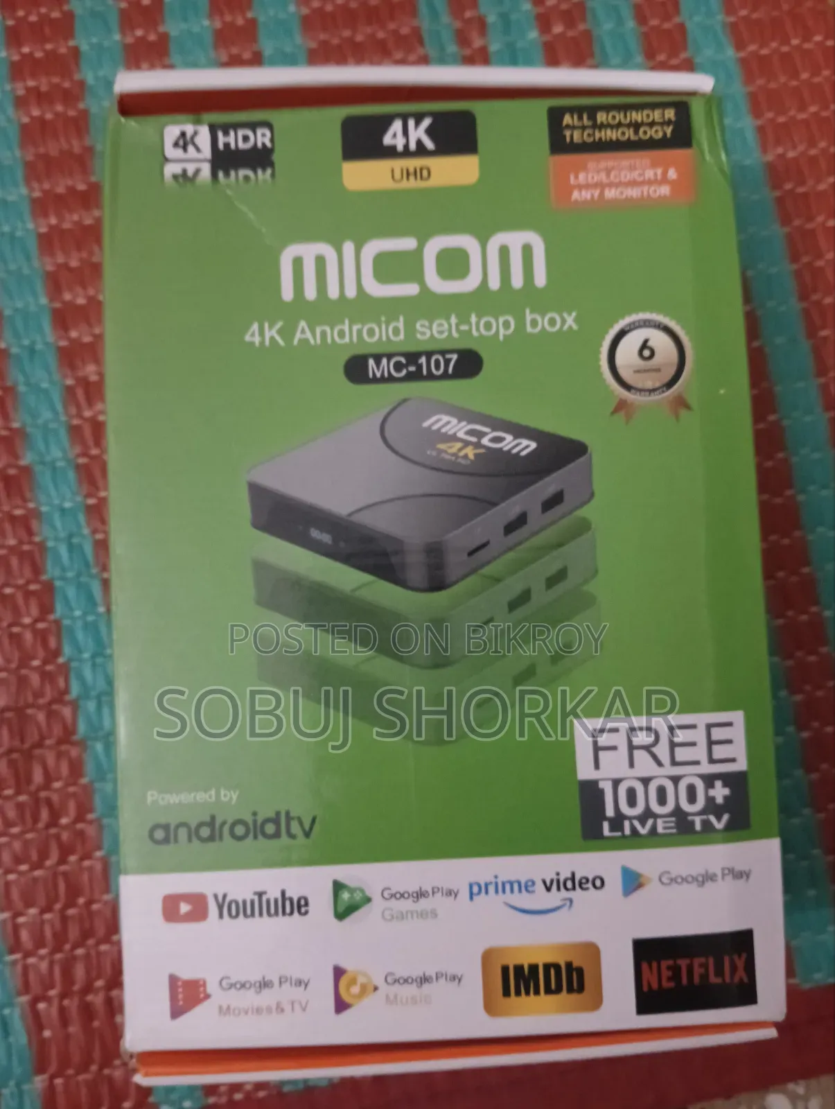 MICOM MC-107 4K Android TV Box with Remote and Box
3. Price: Tk.