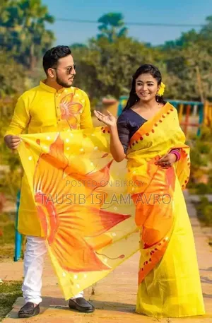White Premium Couple Set - Hand Painted Half Silk Saree Panjabi