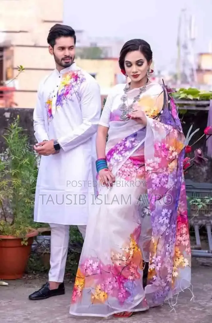 White Premium Couple Set - Hand Painted Half Silk Saree Panjabi