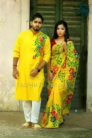White Premium Couple Set - Hand Painted Half Silk Saree Panjabi