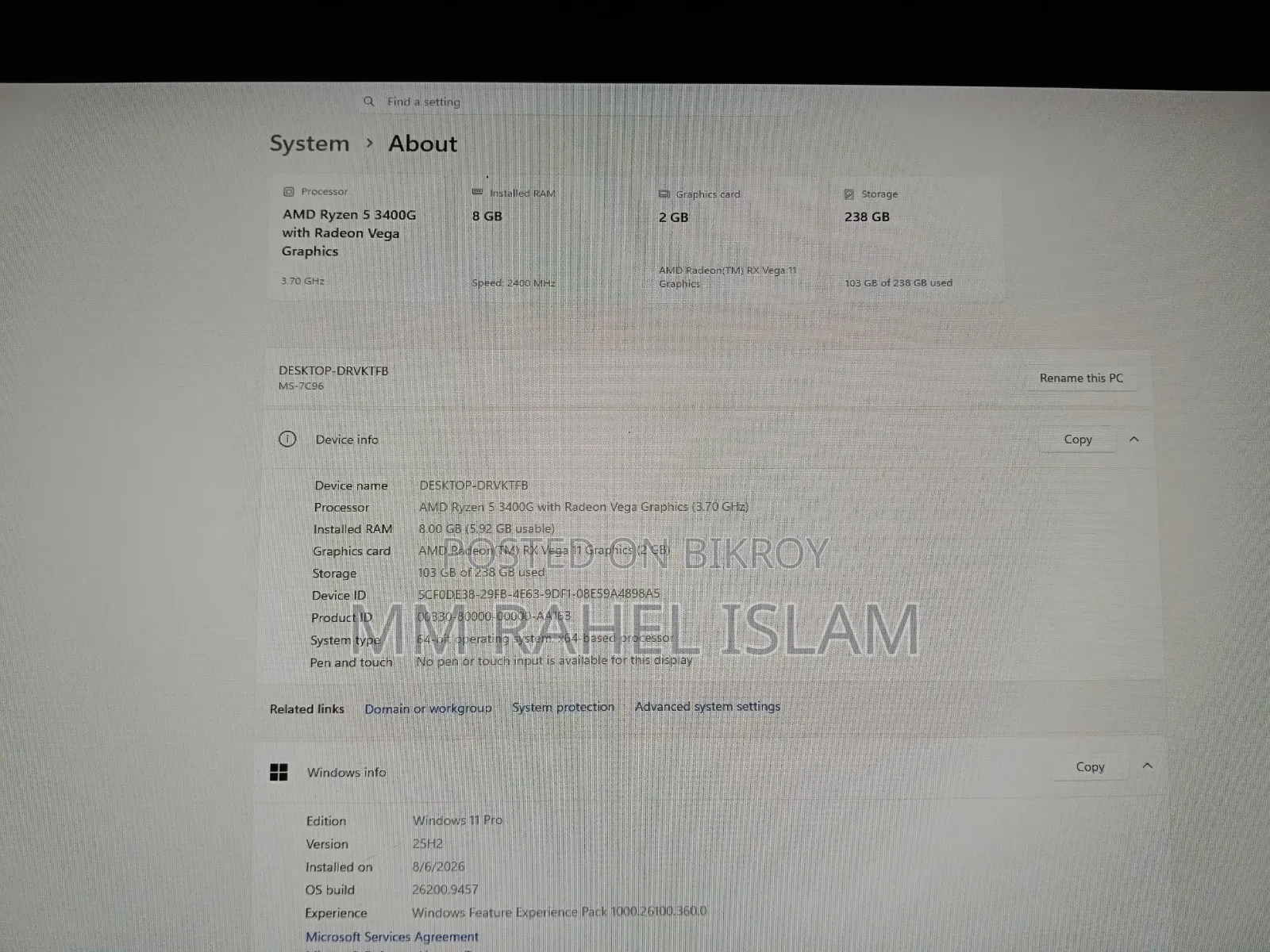 Desktop Computer 8GB AMD Ryzen 5 SSD 256GB