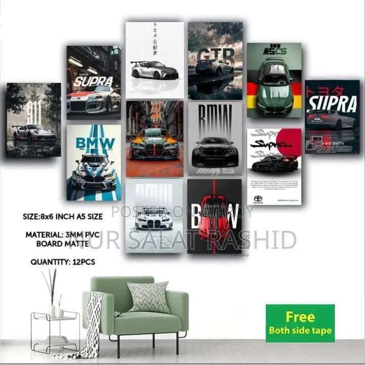 12pcs Car Wall Decor Set | BMW, Supra, GTR, Porsche | 3mm PVC Board