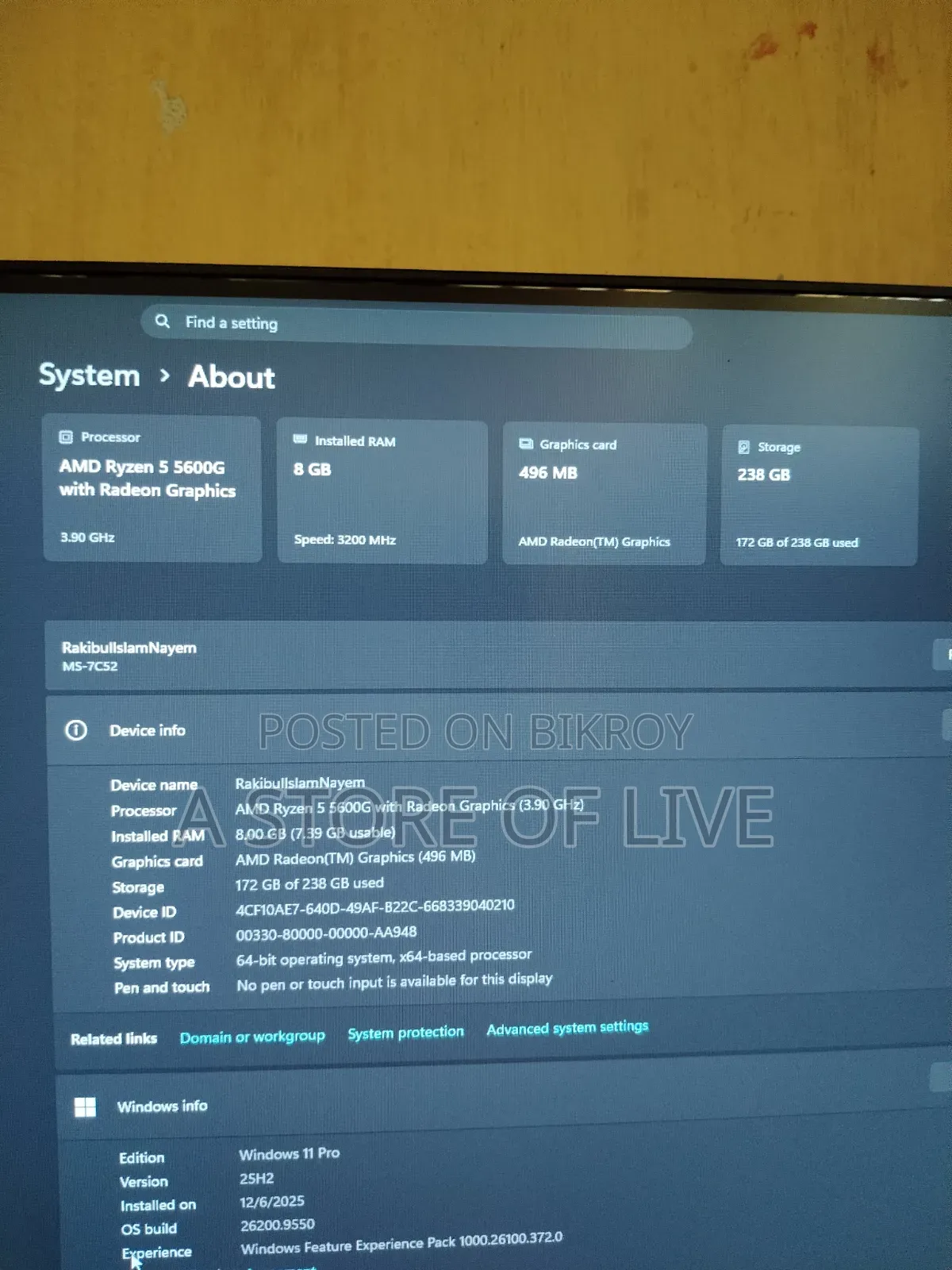 Desktop Computer MSI model 8GB AMD Ryzen 5 SSHD+SSD 256GB