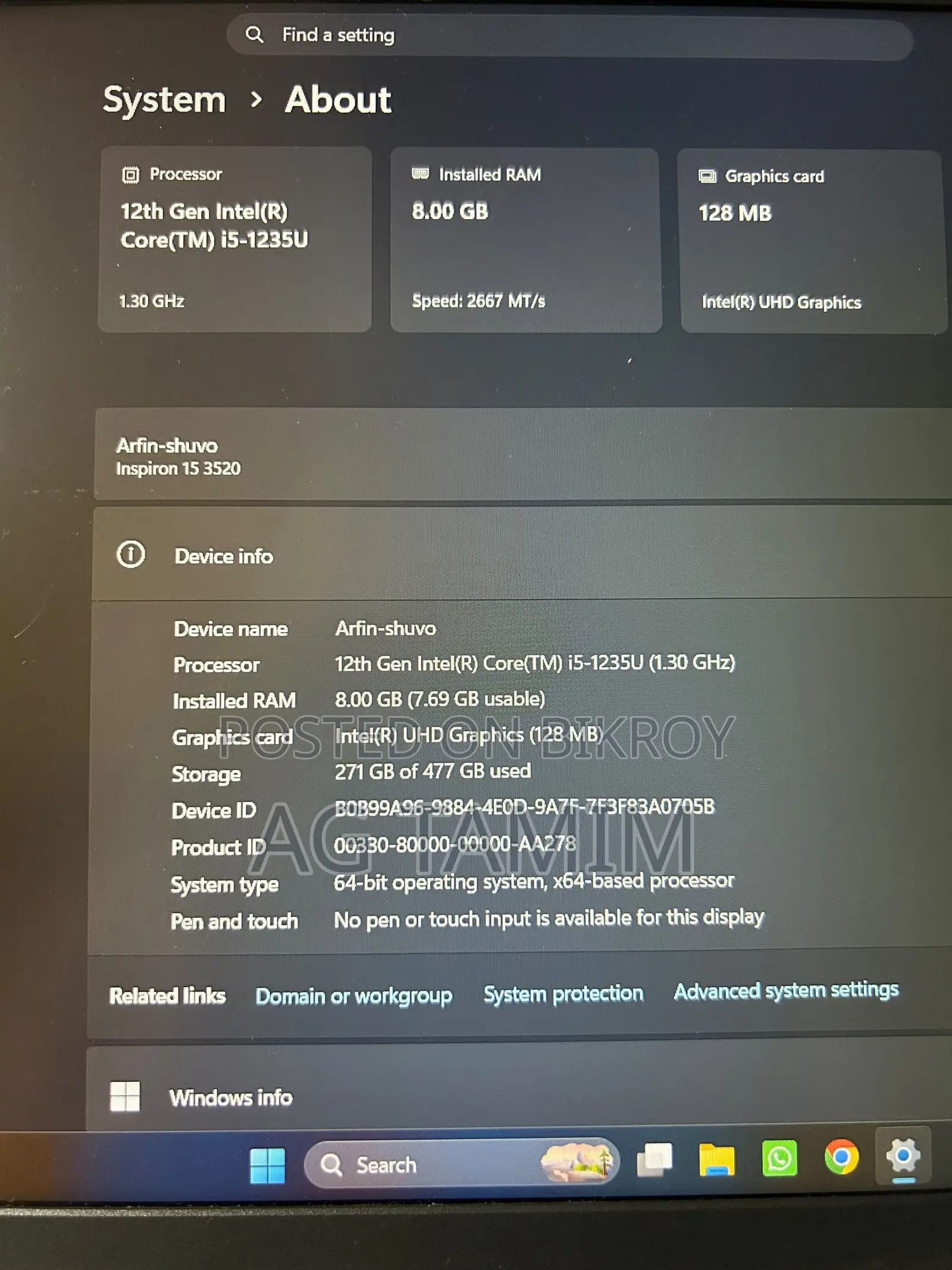 ল্যাপটপ ডেল ইন্সপায়রণ ১৫ ৩৫২০ ৮জিবি ইন্টেল কোর আই৫ এসএসডি ৫১২জিবি