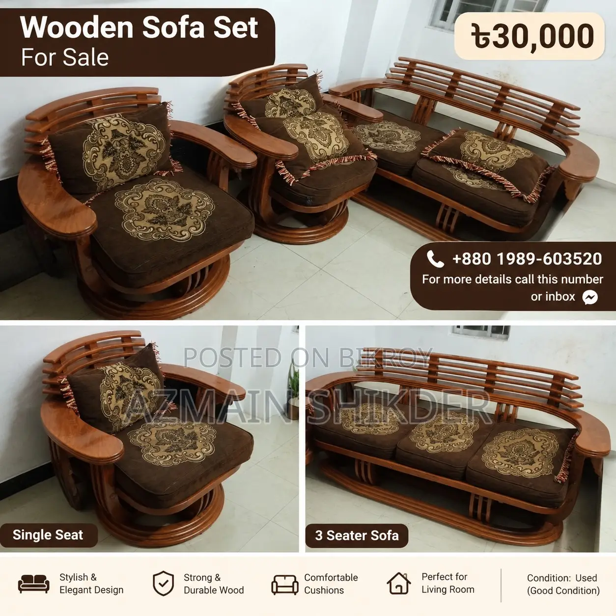 Wooden Sofa Set 1+1+3 – 5 Seater | Good Condition