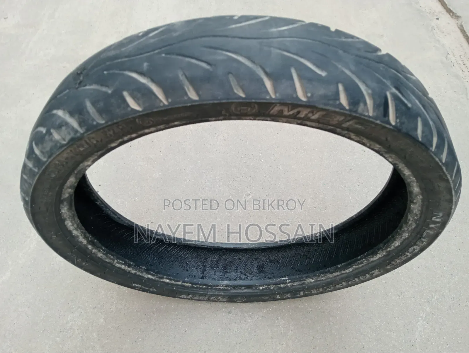 An MRF front tire of 100/80-17 size will be sold.