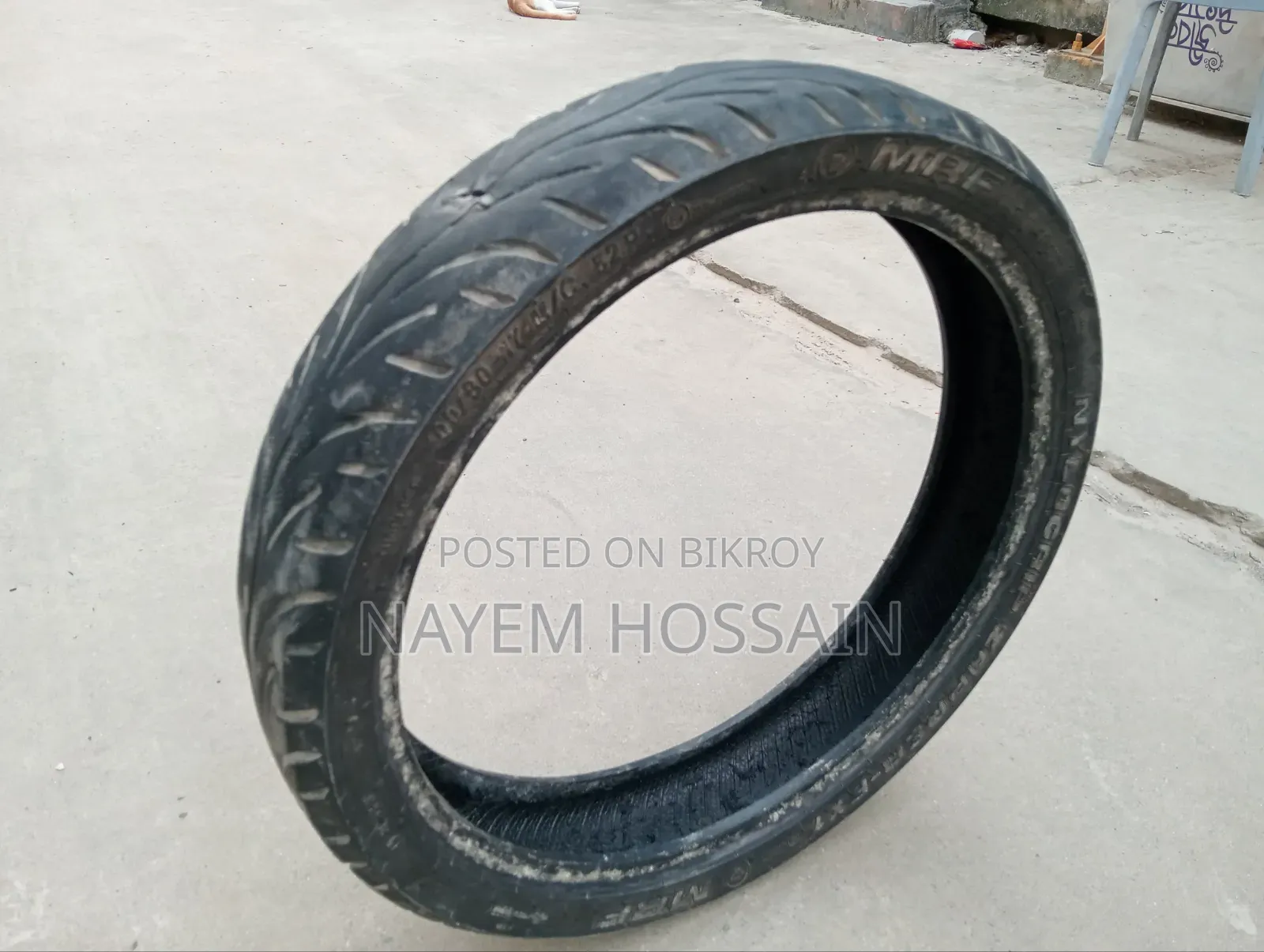 An MRF front tire of 100/80-17 size will be sold.