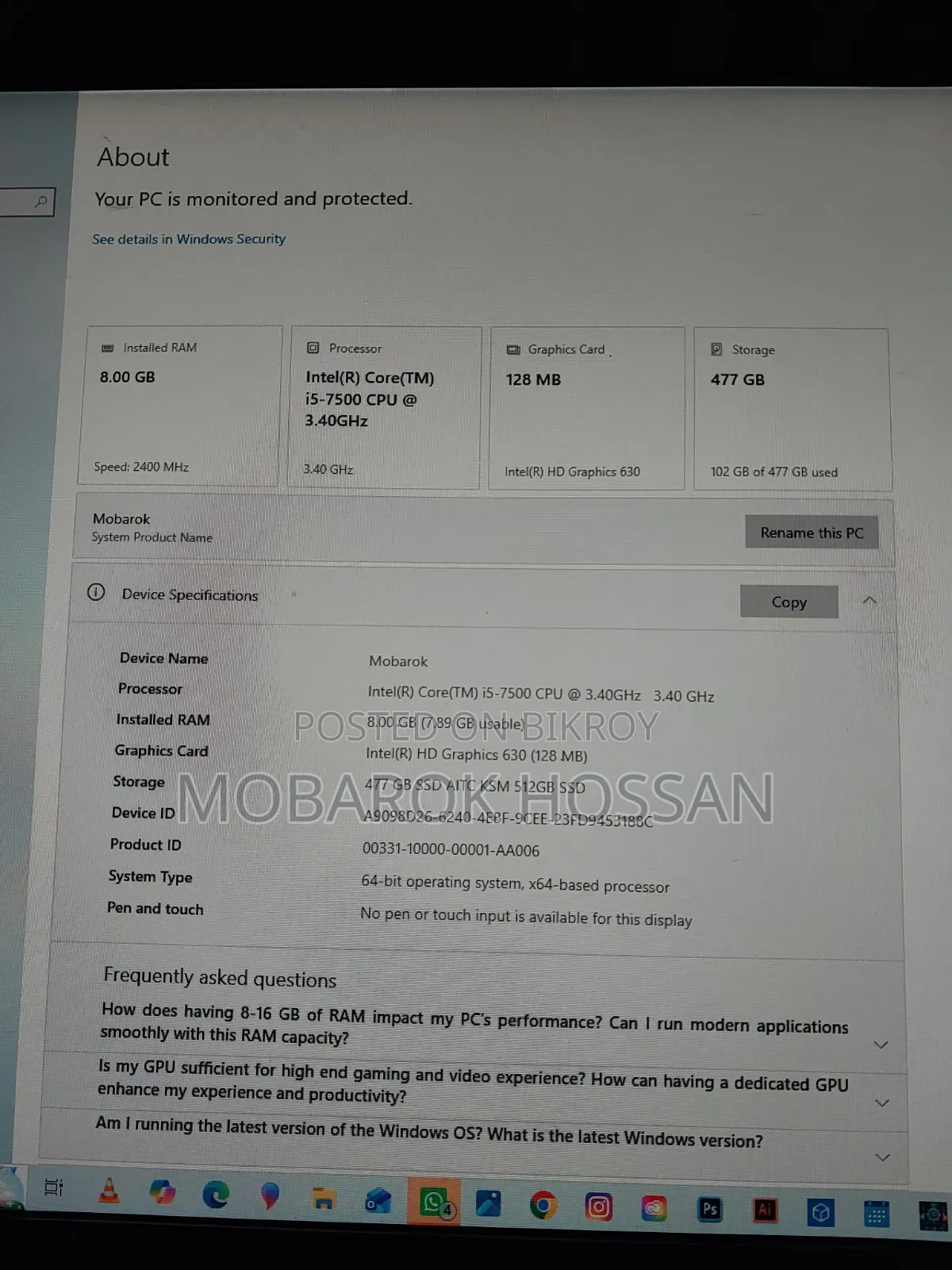 Desktop Computer Asus 8GB Intel Core i5 SSD 512GB