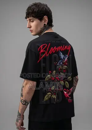 Black + Red/Black “BLOOMING” Typography Dropshoulder
