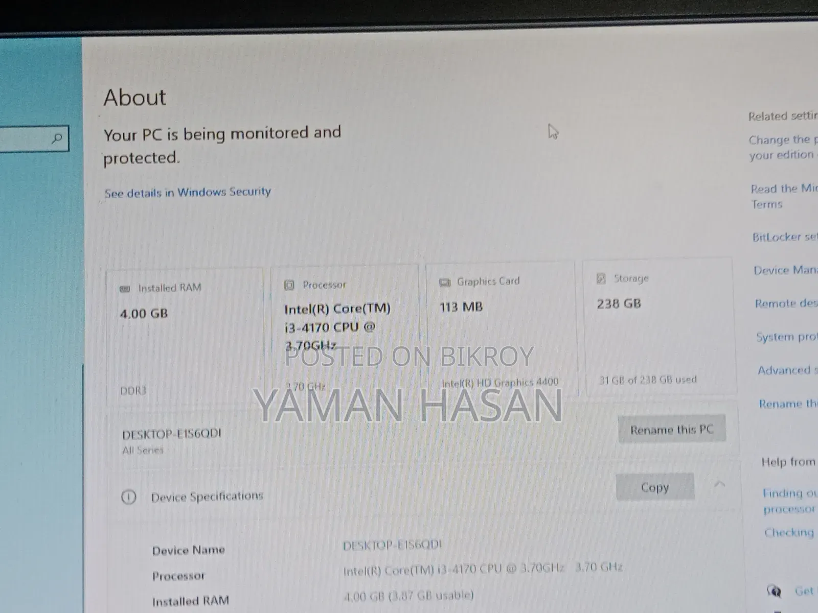 Desktop Computer Asus 4GB Intel Core i3 SSD 256GB