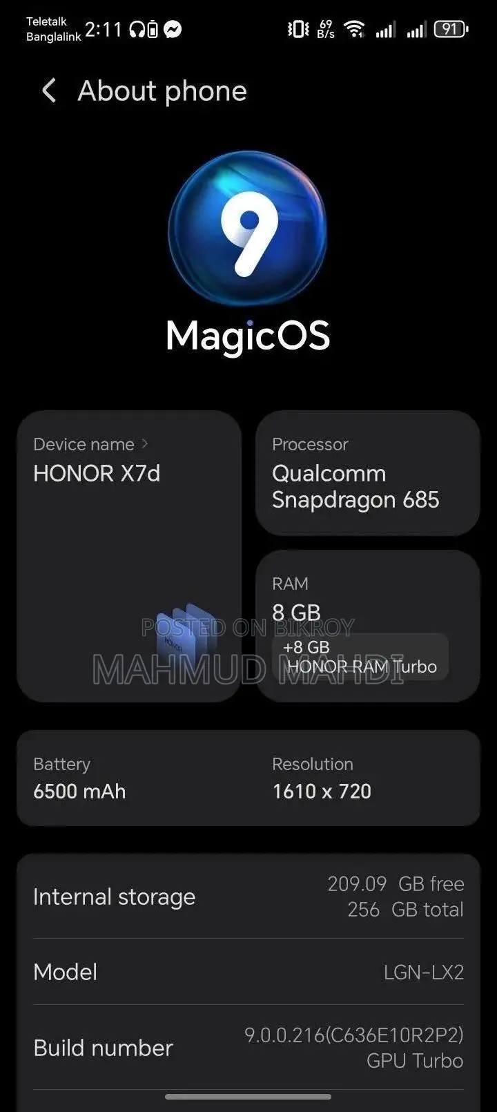 Honor X7d 256 GB Black