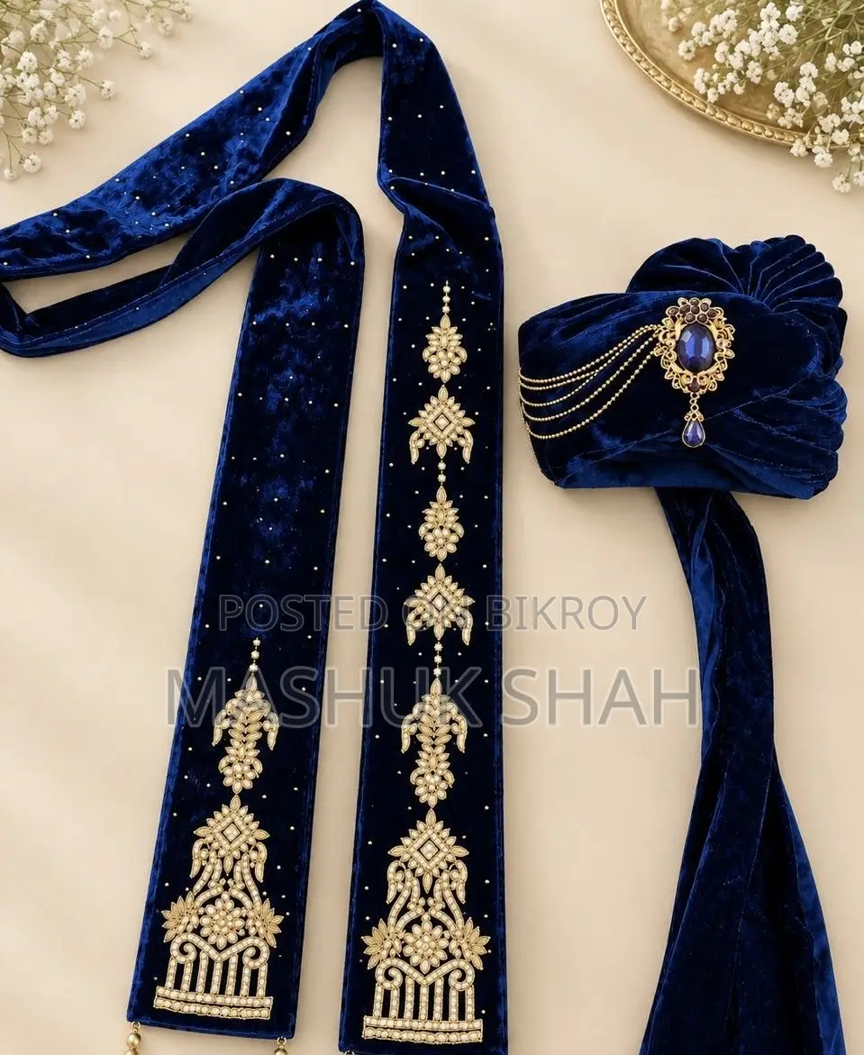 Royal Blue Velvet Groom Pagri & Dupatta Set
