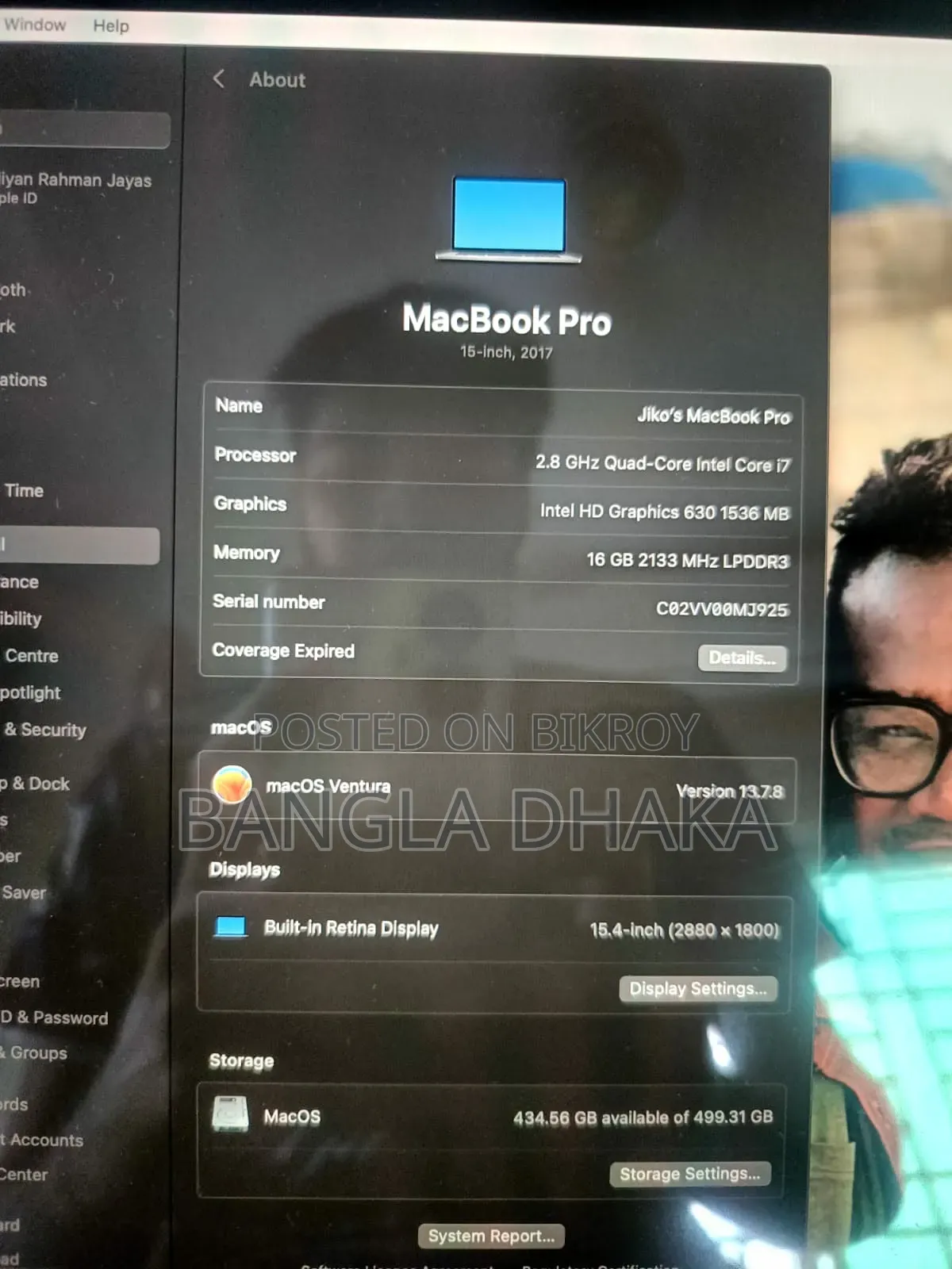 Laptop Apple MacBook Pro 2017 16GB Intel Core i7 SSD 500GB