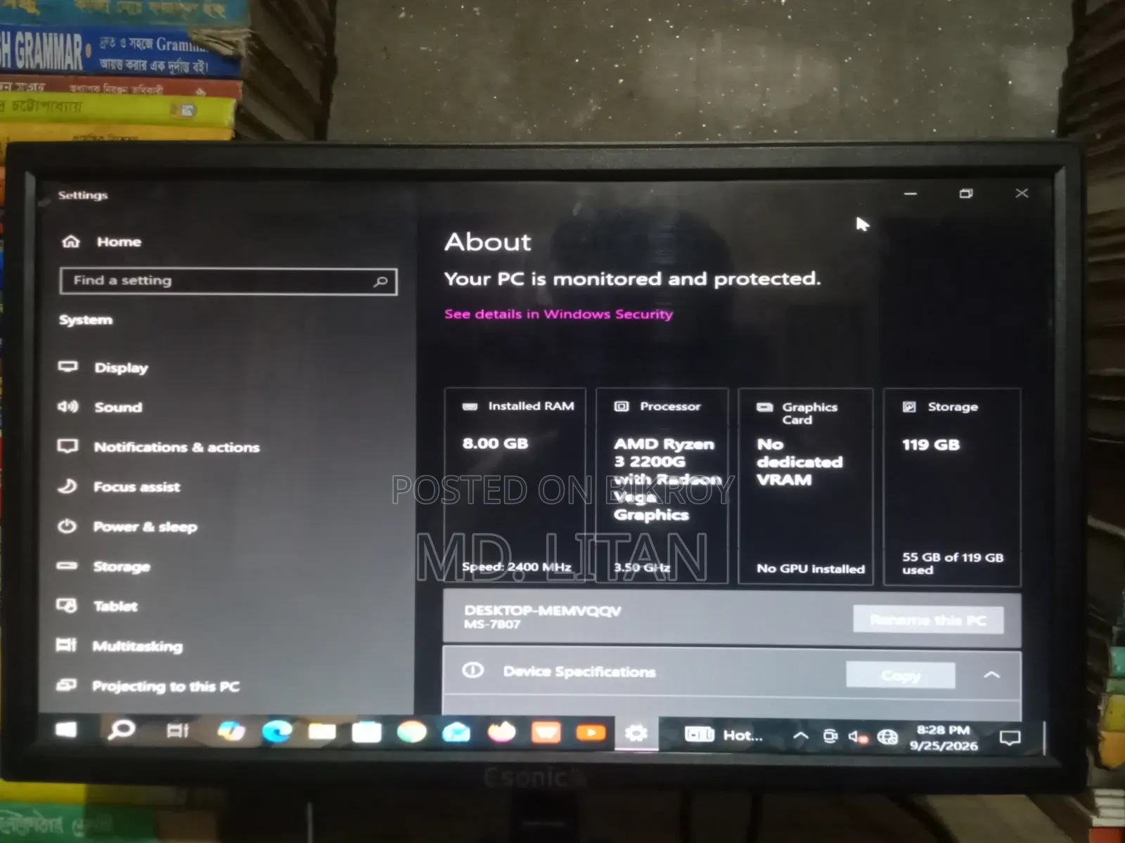 Desktop Computer MSI 8GB AMD Ryzen 3 SSD 128GB