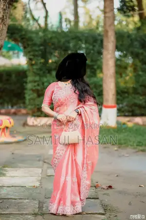 Worn Once Attractive Peach Color Party Saree + Blouse