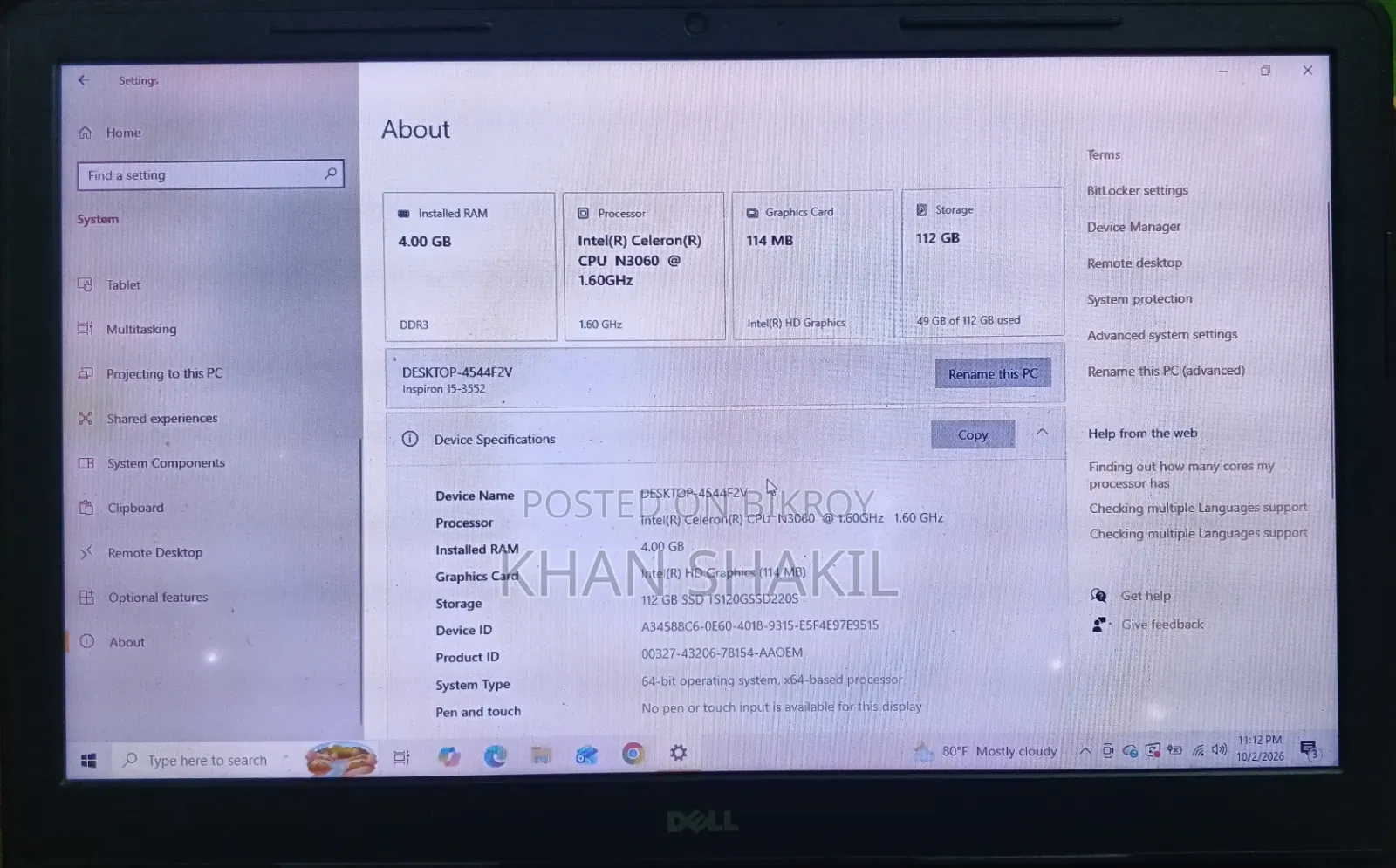 Laptop Dell Inspiron 15 4GB Intel HDD+SSD 128GB