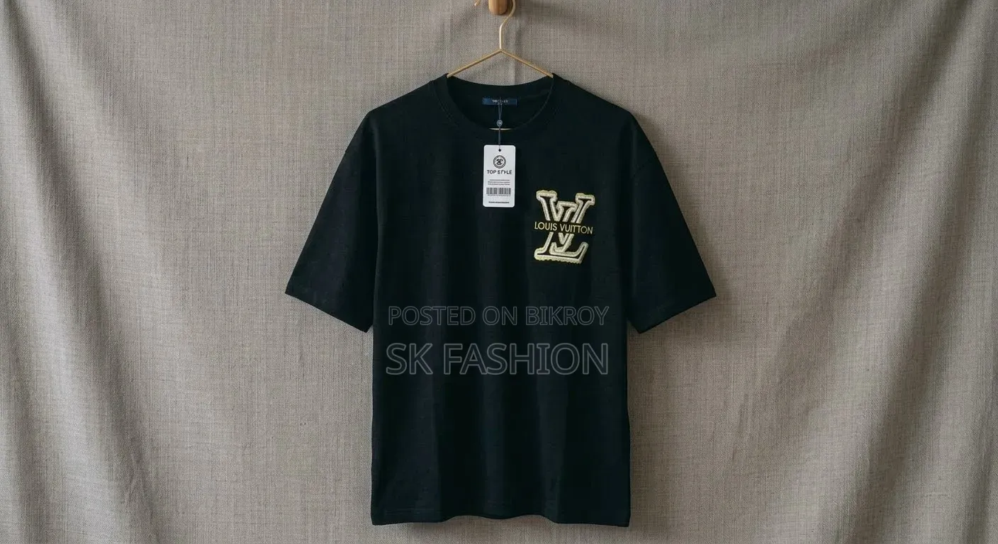 Men's Black Cotton Drop Shoulder T-Shirt With Louis Vuitton Logo