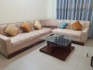 Used L-Shape Sofa Set With Cushions & Glass-Top Center Table.