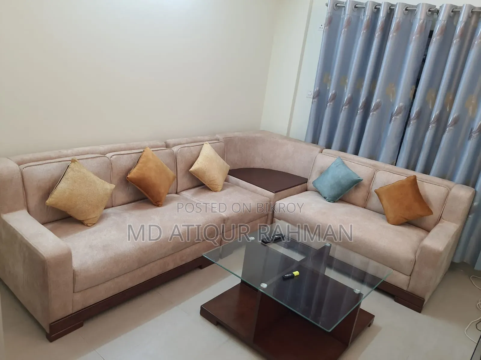 Used L-Shape Sofa Set With Cushions & Glass-Top Center Table.