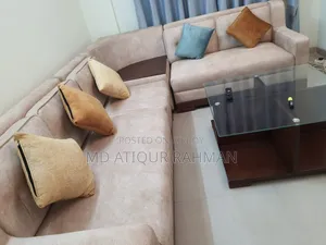 Used L-Shape Sofa Set With Cushions & Glass-Top Center Table.