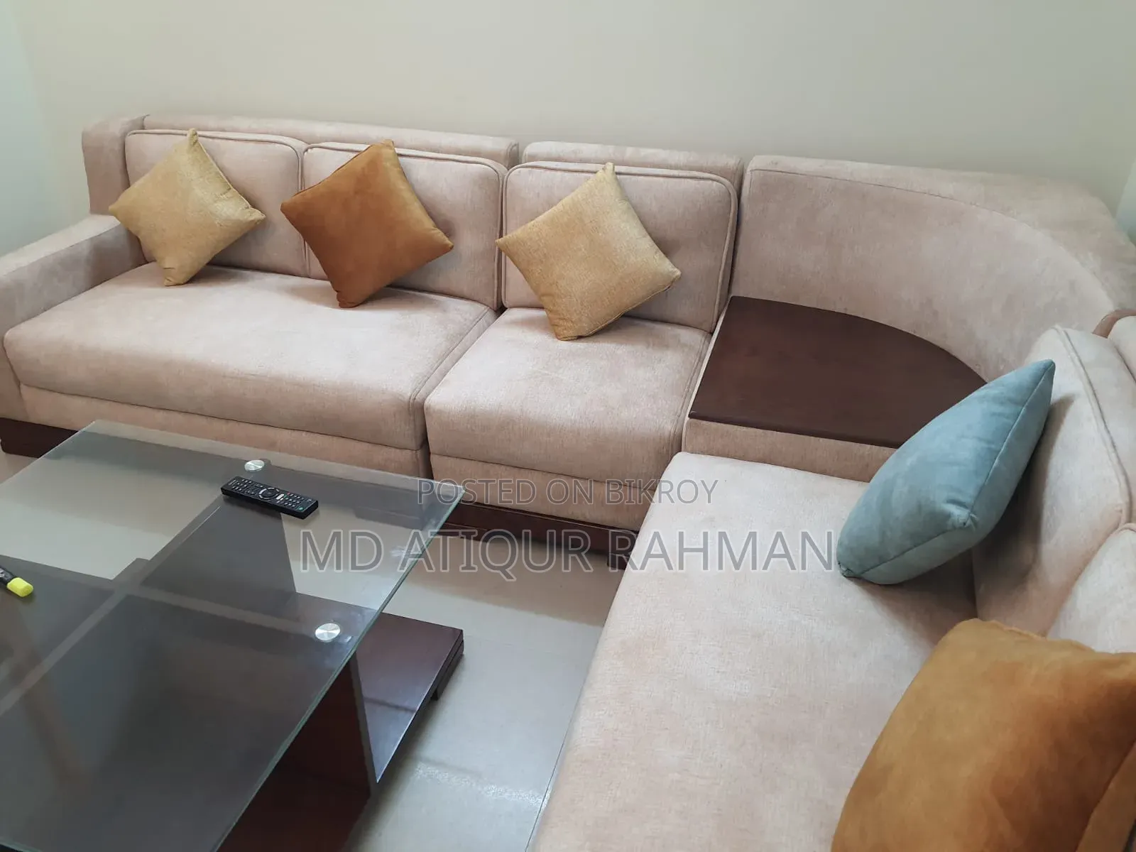 Used L-Shape Sofa Set With Cushions & Glass-Top Center Table.