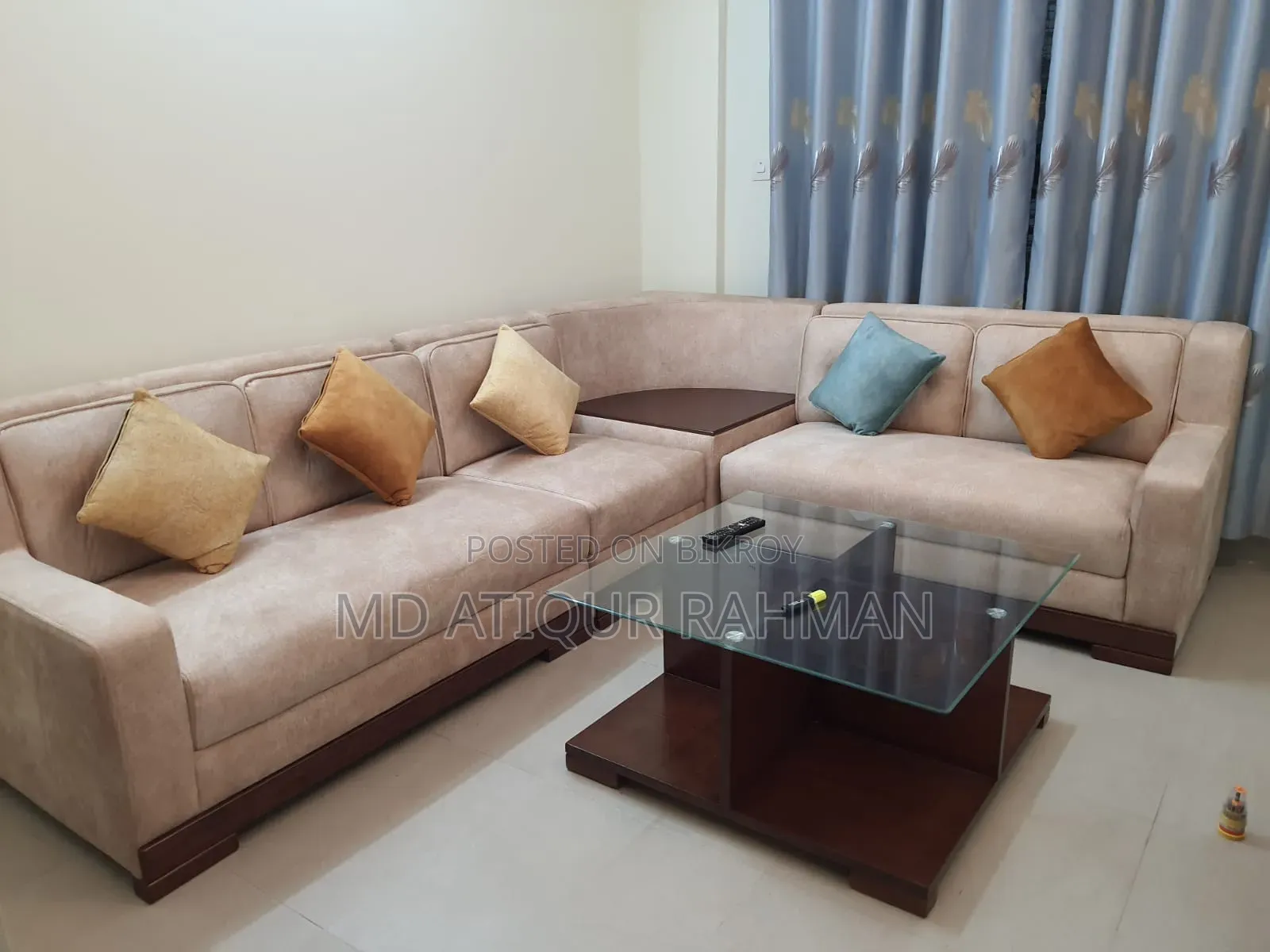 Used L-Shape Sofa Set With Cushions & Glass-Top Center Table.