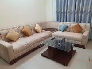 Used L-Shape Sofa Set With Cushions & Glass-Top Center Table.