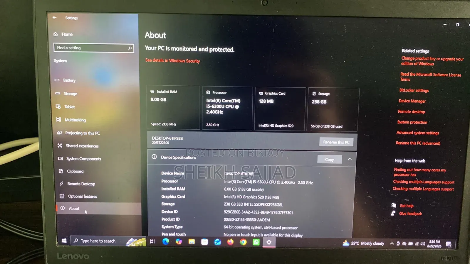 Laptop Lenovo ThinkPad T470s 8GB Intel Core i5 SSD 256GB