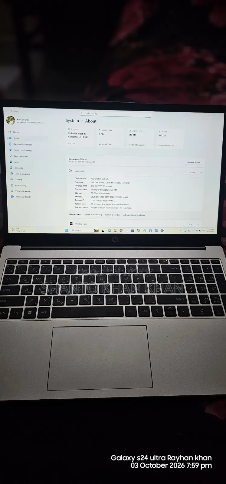 HP 250 G10 Laptop 8GB Intel Core i3 HDD+SSD 512GB