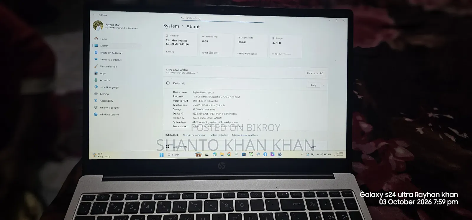 HP 250 G10 Laptop 8GB Intel Core i3 HDD+SSD 512GB