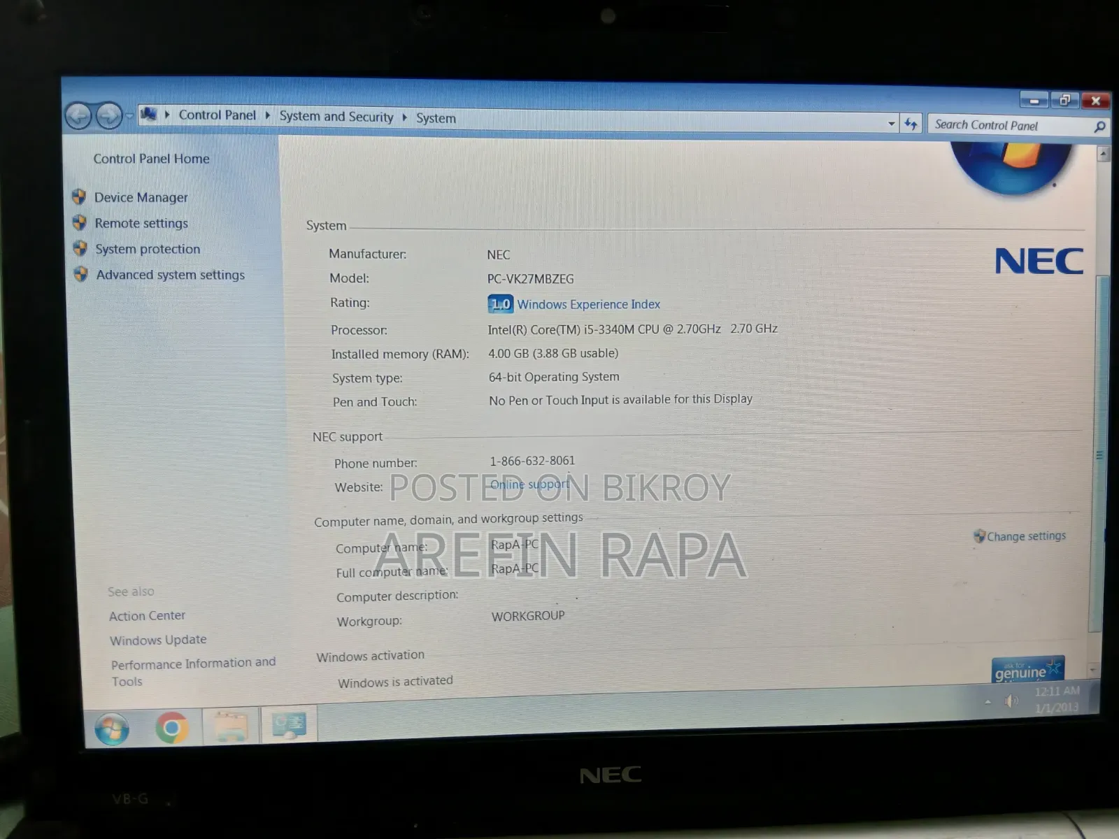 Laptop NEC 4GB Intel Core i5 HDD 256GB
