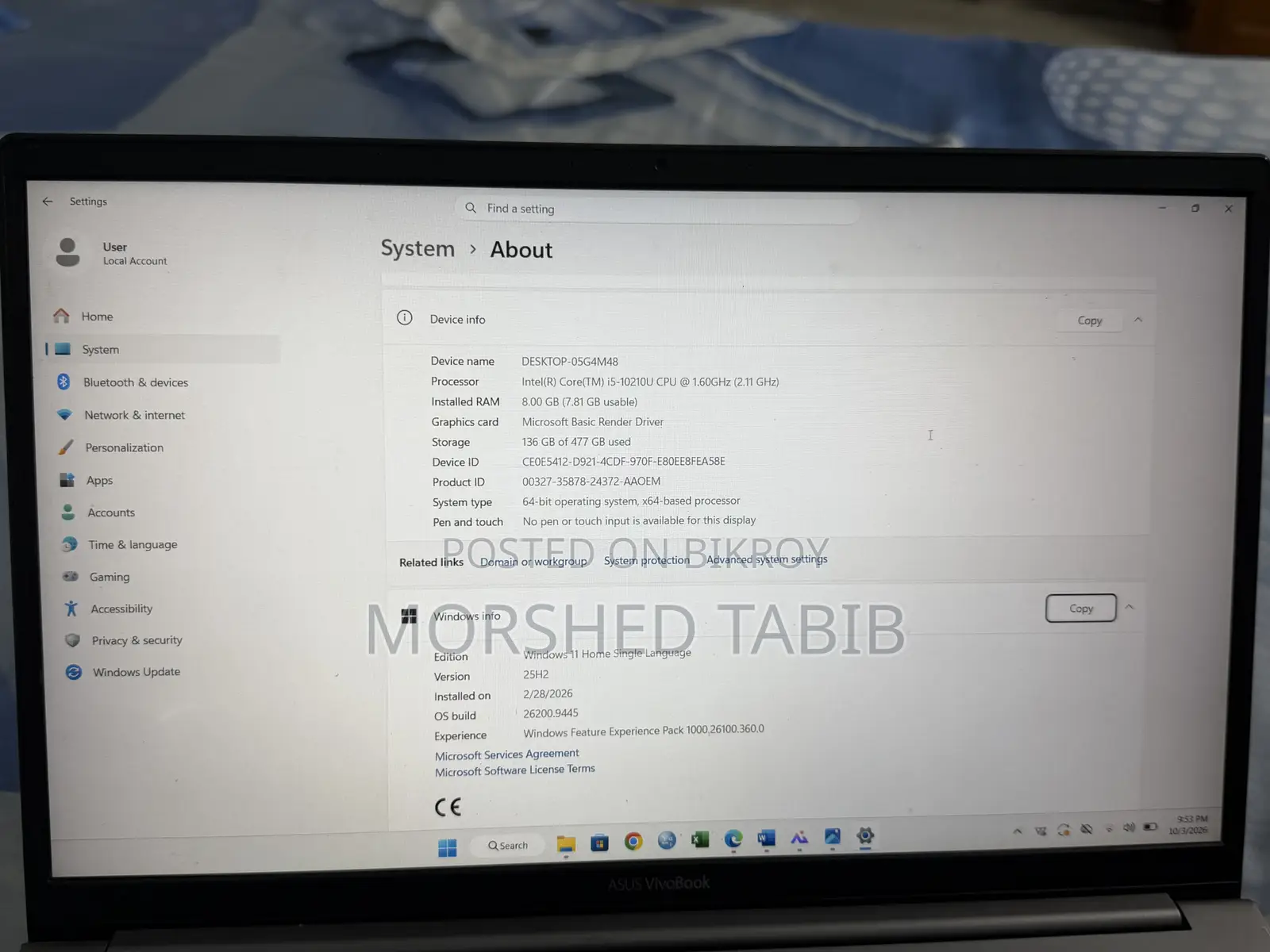 Laptop Asus Vivobook 15 8GB Intel Core i5 SSD 500GB
