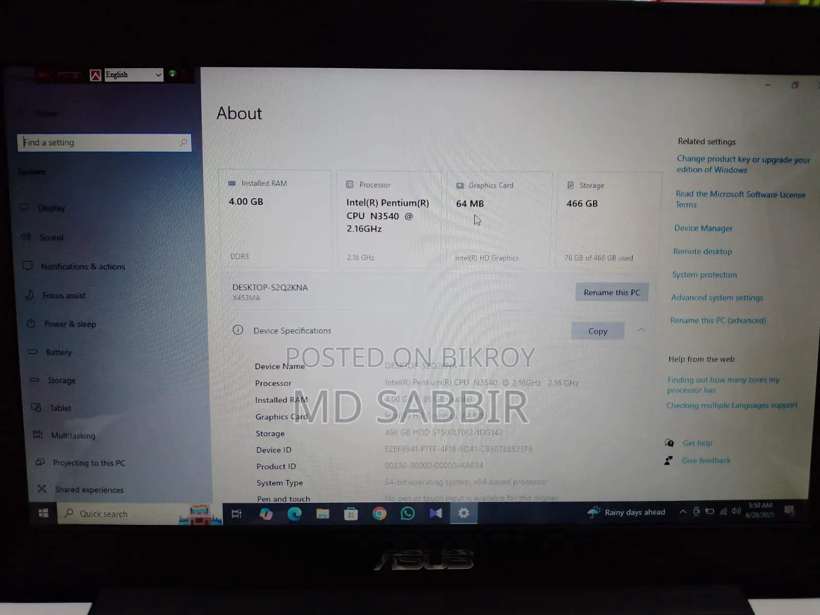 Laptop Asus A42N 4GB Intel Pentium HDD 512GB