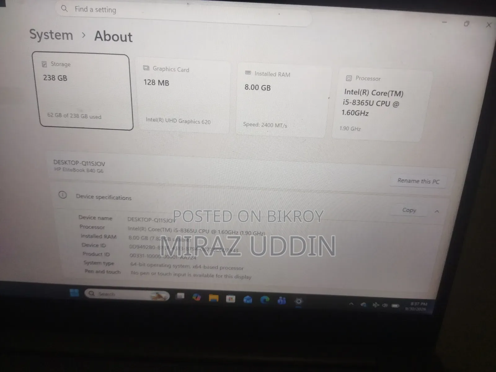 Laptop HP EliteBook 840 G6 8GB Intel Core i5 SSD 256GB