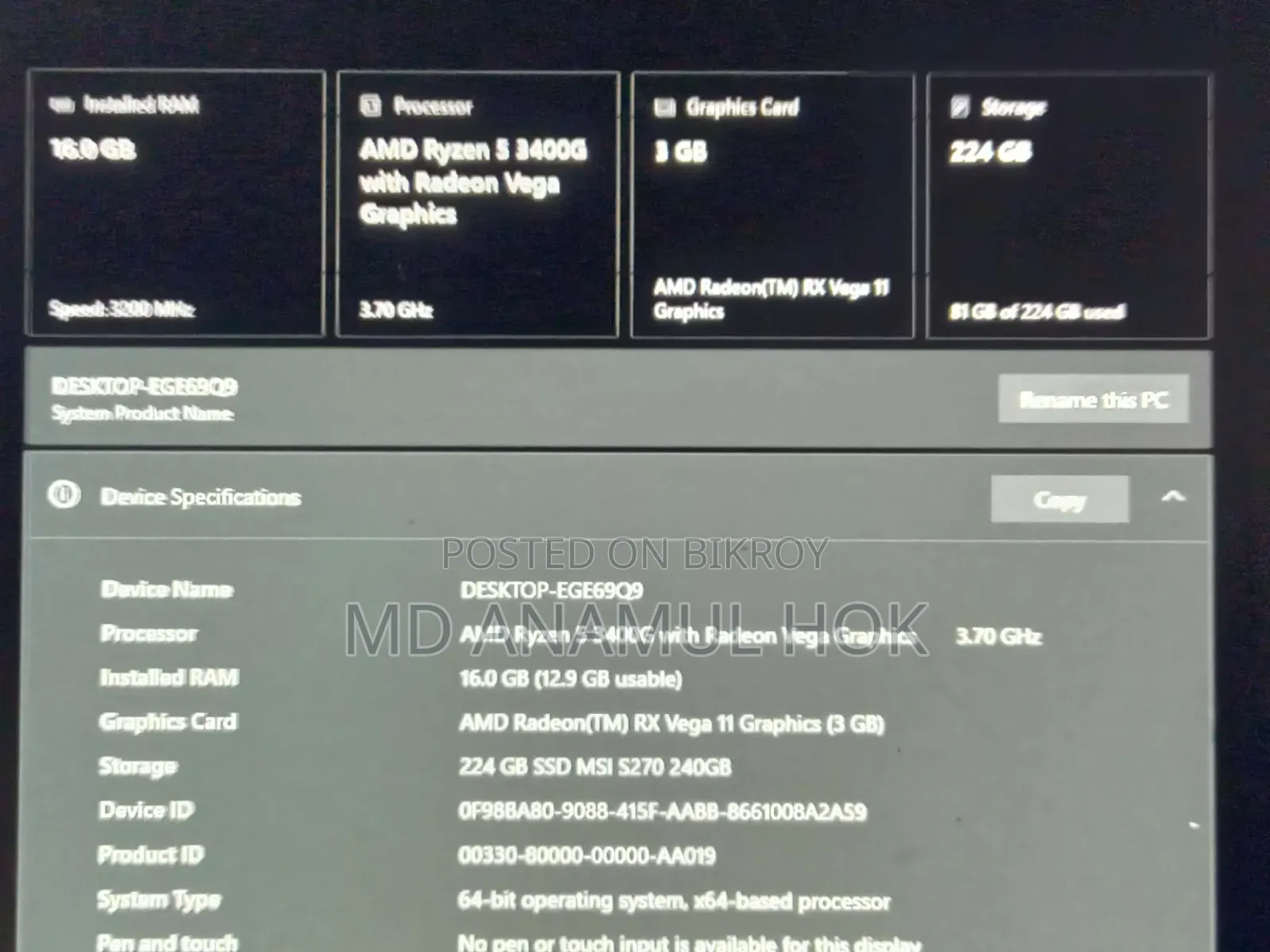 Desktop Computer Asus 16GB AMD Ryzen 5 SSD 250GB