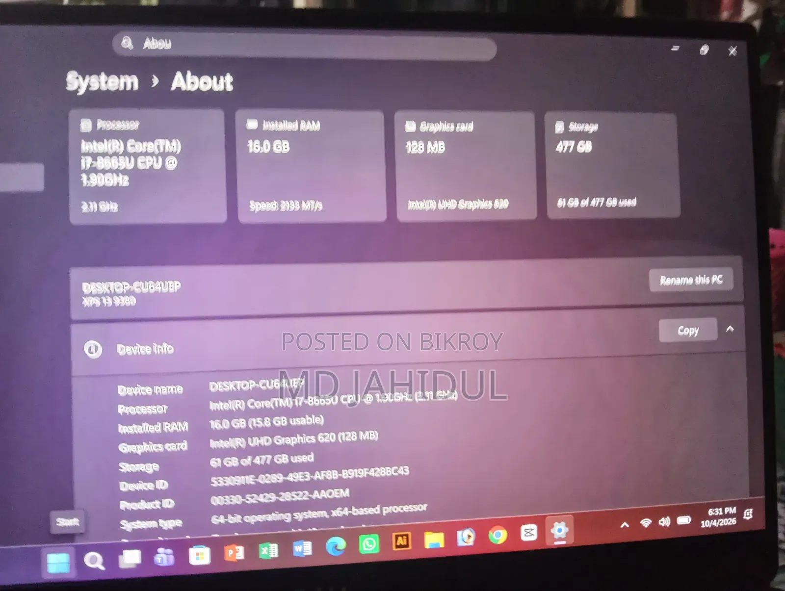 Dell XPS 13 9380 16GB Intel Core i7 HDD 512GB Laptop