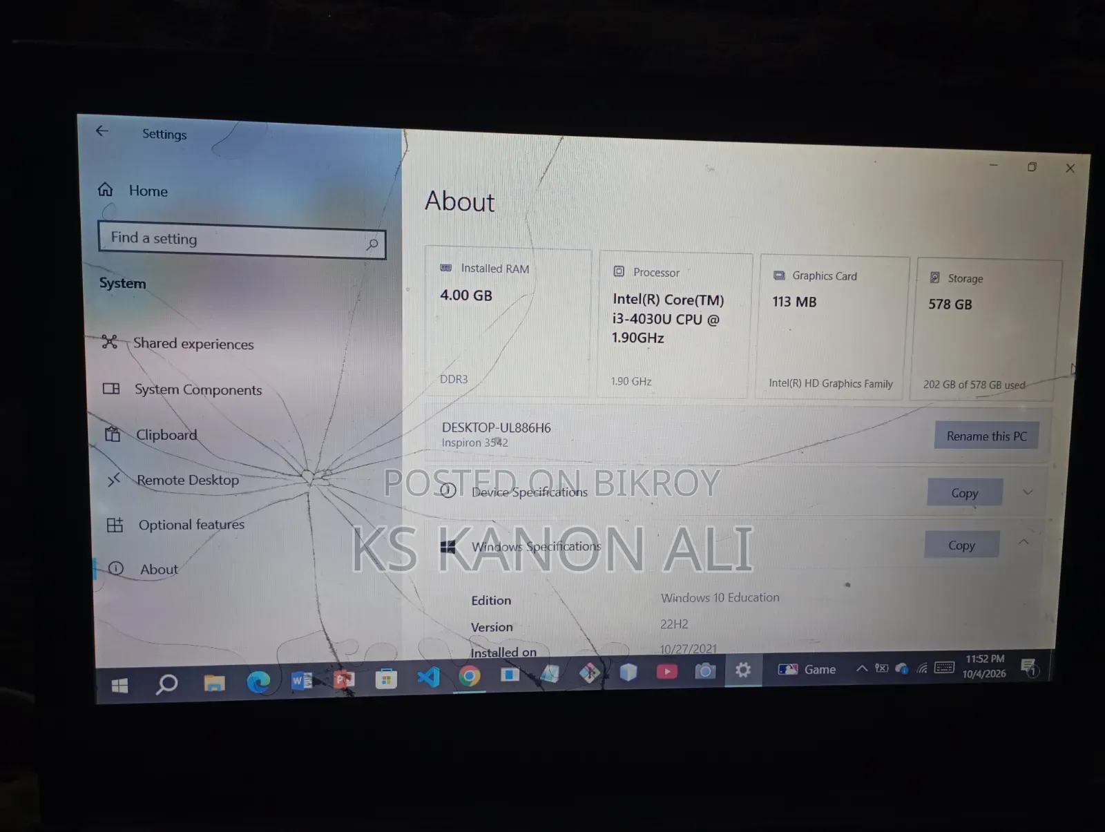 Laptop Dell Inspiron 15 3000 4GB Intel Core i3 SSD 500GB