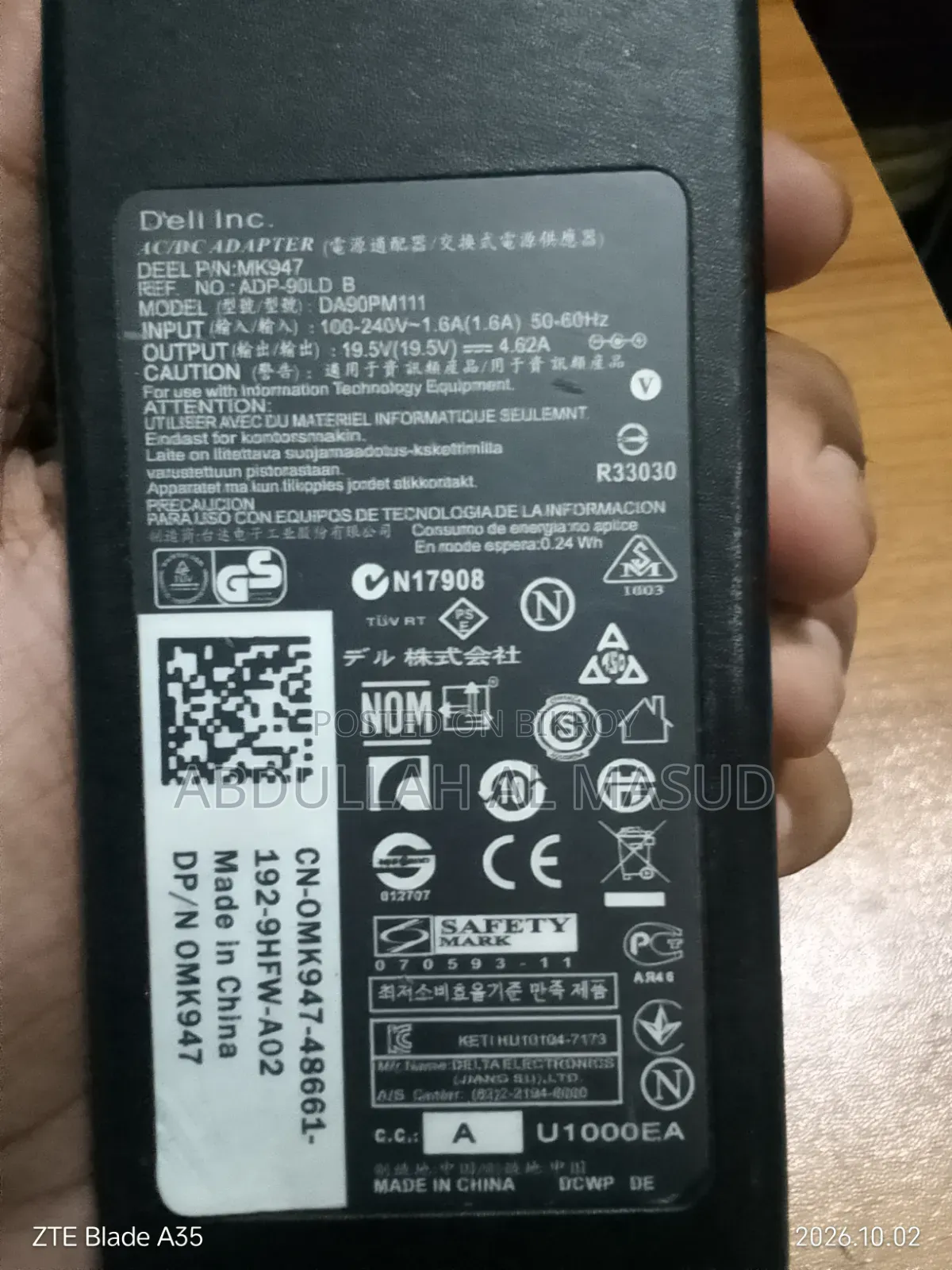 Original Dell 90W Laptop Adapter 19.5V 4.62A – Genuine Dell