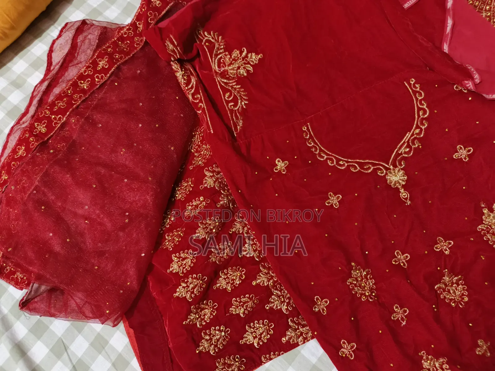 Bridal Red Velvet Lehenga Set With Heavy Embroidery – Unused