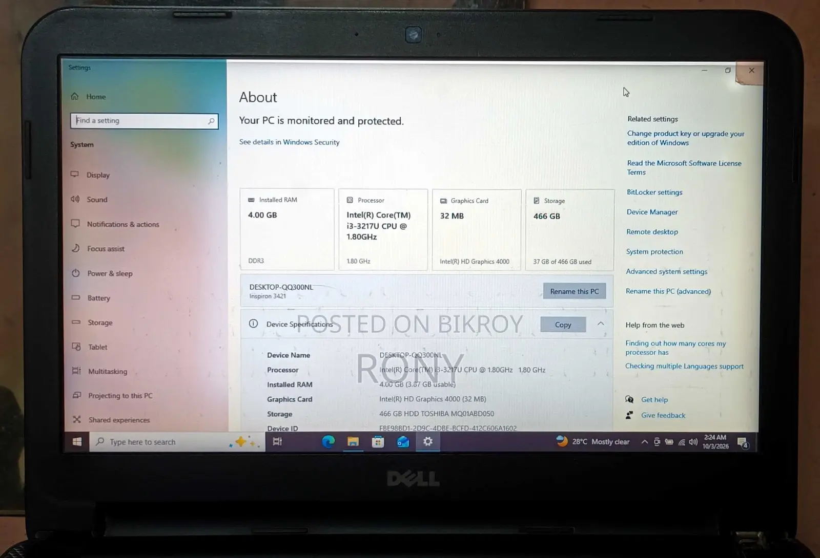 Laptop Dell Inspiron 14 3421 4GB Intel Core i3 HDD 500GB
