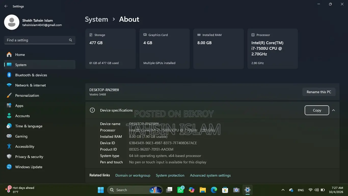 Laptop Dell Vostro 5468 8GB Intel Core i7 SSD 512GB