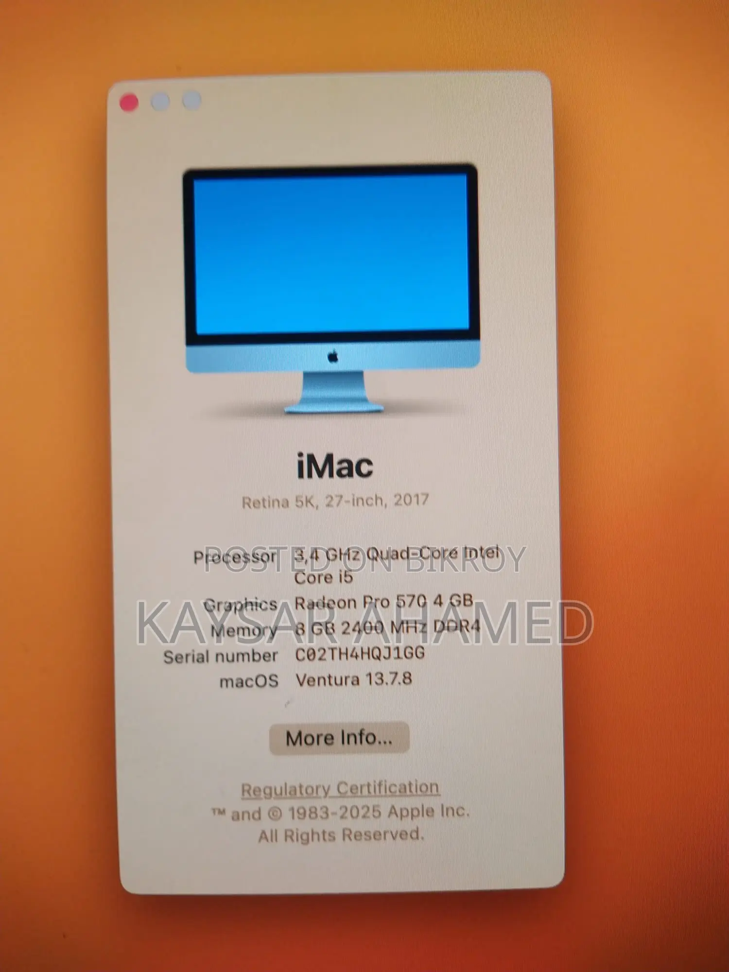 Desktop Computer Apple iMac 8GB Intel Core i5 HDD 1T